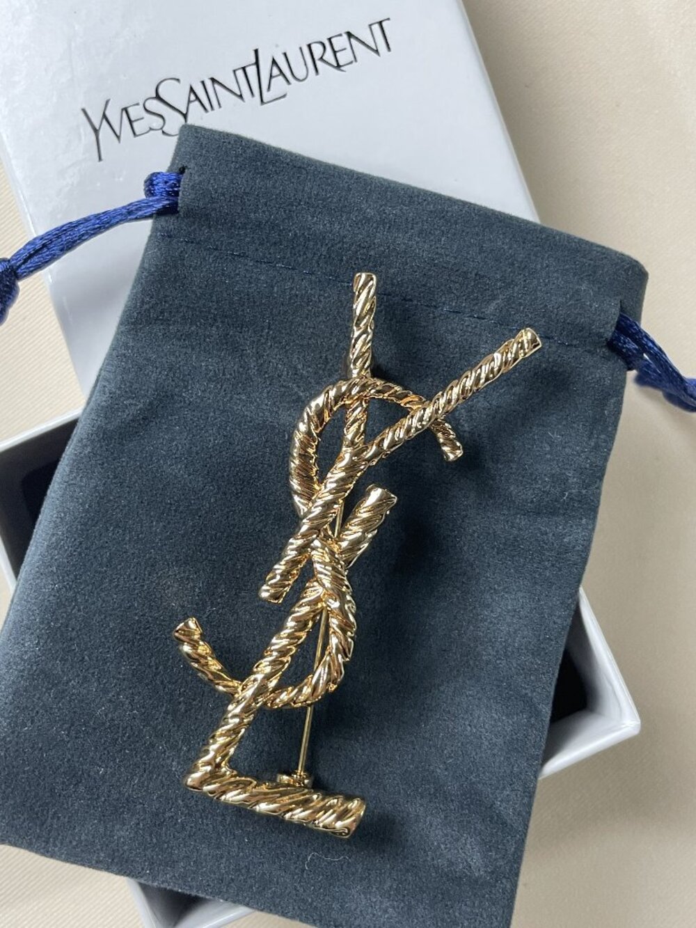 YvesSaintLaurent Cassandre Rope Texture Gold Tone Brooch Luxury Designer Pin